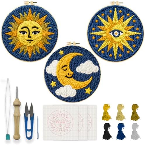 INFUNLY 3 Set Sun Moon Punch Needle Kits for Beginner Adult Star DIY Punch Needle Embroidery Starter Kit for Wall Hanging Evil Eye Needles Stitching Kit with Instruction for DIY Crafts Gift Home Decor by INFUNLY