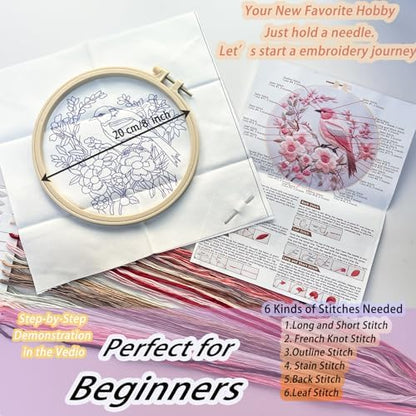 FONNUY Embroidery Kit for Beginners, Hummingbird Flowers Pre-Stamped Pattern Kits for Adults with Hoop, Easy to Follow Color Thread Needlework, 8''Hoop (Lightpink) - Image 5