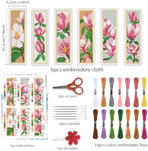 BEUNITONE 6 Pcs Flower Cross Stitch Bookmark Kits for Beginners Magnolia DIY Stamped Cross Stitch Kit Vintage Floral Embroidery Kit with Instruction for Craft Book Lover Reader Writer 8''x2.4'' - Image 2