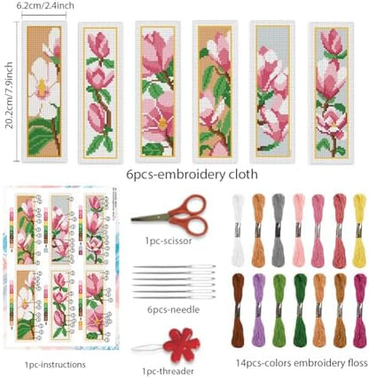 BEUNITONE 6 Pcs Flower Cross Stitch Bookmark Kits for Beginners Magnolia DIY Stamped Cross Stitch Kit Vintage Floral Embroidery Kit with Instruction for Craft Book Lover Reader Writer 8''x2.4'' - Image 2
