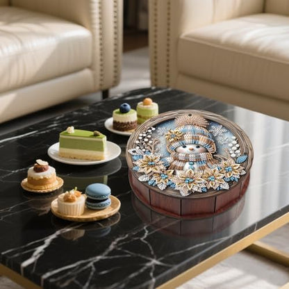antor Diamond Painting Storage Box, Snowman DIY 5D Special Shape Diamond Art Wooden Organizer, Winter Christmas Round Diamond Tabletop Ornament for Adults Beginners, Home Office Decor Crafts Gift - Image 5