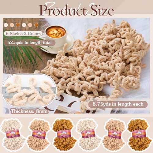 Threlaco 6 Skein Loop Yarn for Finger Knitting 600g, Beige, Khaki, Turmeric - Image 2