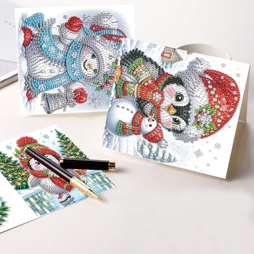 8pcs Christmas Diamond Painting Greeting Cards Christmas snowman & penguin, for Blessings and Wishes, Special Shape Crystal Partial Mosaic Making Craft, Paper Material, DIY Gifts for Holiday - Image 5