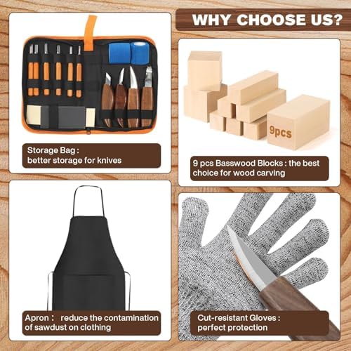 39 Pcs DIY Wood Carving Kit, 9 Basswood Blocks Carving Knives Storage Bag - Image 4