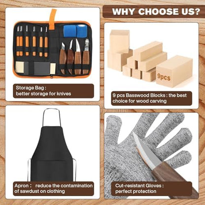 39 Pcs DIY Wood Carving Kit, 9 Basswood Blocks Carving Knives Storage Bag - Image 4