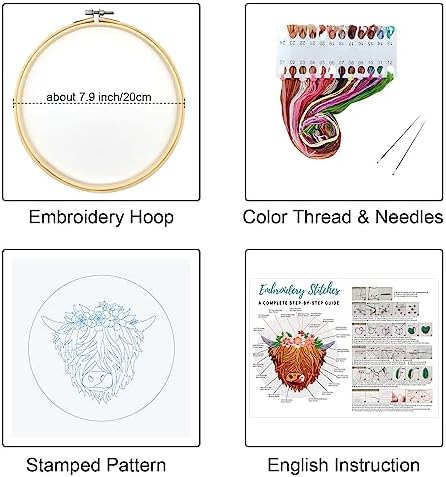 Louise Maelys Highland Cow Stamped Embroidery Kit Floral DIY Craft - Image 2