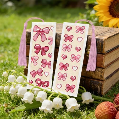 ACRNIGHEET 6PCS Cross Stitch Bookmark Kit for Beginner Cute Pink Bow Stamped Cross Stitch Kits Needlepoint Kit for Adults DIY Tassel Embroidery Bookmark Kits with Instructions Craft Gift 8.5"x3" 11CT - Image 5