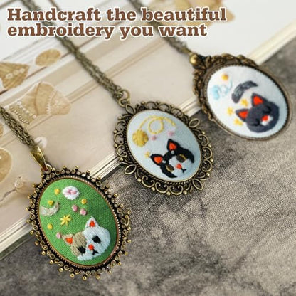 ZOCONE New 4 Packs Embroidery Necklace Kits, Embroidery Pendant Kit Mini Cross Stitch Kit with Hoop, Necklace, Pendant, Stamped Pattern Cloth, Instructions, etc., Embroidery Kits for Adults - Image 6