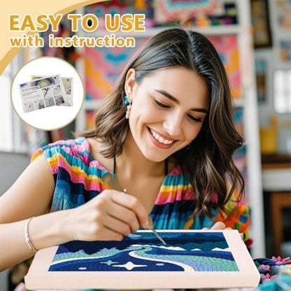 Doodlream Aurora Night Scene Needle Kit for Beginner, 9.4"x 9.4" Northern Lights Punch Stitching Craft Set, DIY Embroidery Starter with Printed Frame, Instruction, Threader, Yarn, Pinch Needle - Image 3