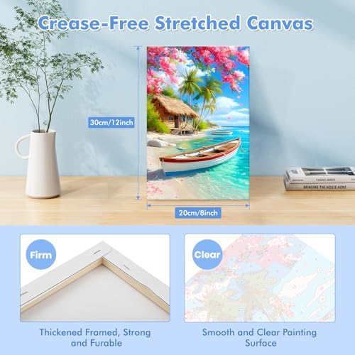 Bowetile Framed Landscape Paint by Numbers Kit for Adults, Adults' Paint-by-Number Kits on Canvas, Painting by Numbers Seaside, Acrylic Boat Number Painting for Home Wall Decor, 8x12in - Image 2