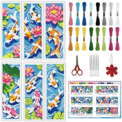 INFUNLY 6 Set Koi Fish DIY Cross Stitch Bookmark Kits for Adults Lotus Pond Counted Cross Stitch Kit with Instructions Koi Fishes Stamped Embroidery Bookmark Kit for Book Lovers Readers Gift by INFUNLY