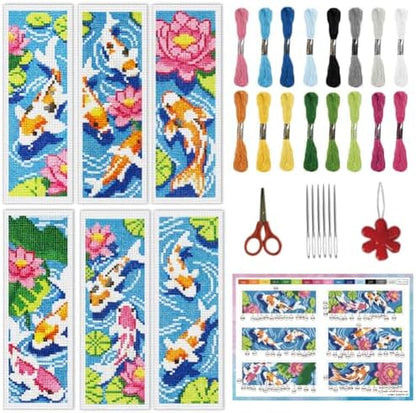 INFUNLY 6 Set Koi Fish DIY Cross Stitch Bookmark Kits for Adults Lotus Pond Counted Cross Stitch Kit with Instructions Koi Fishes Stamped Embroidery Bookmark Kit for Book Lovers Readers Gift by INFUNLY