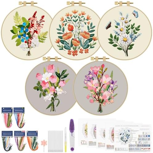 ERKOON 5 Sets Embroidery Kit for Beginners Adult Bouquet Cross Stitch by ERKOON