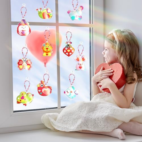 Dunzoom 30 Pack Valentine's Day Suncatcher Craft Kits for Classroom Exchange - DIY Pink Heart Paint Art Set - Bulk Valentines Party Favors Gifts, Non-Candy Activity, Window Ornaments Decor - Image 4