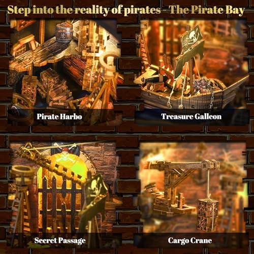 Book Nook Kit - DIY 3D Wooden Puzzle Miniature House with LED Lights - Creative Crafts for Adults - Bookshelf Insert Decor - Educational Gift for Family & Friends（Pirate Bay） - Image 3