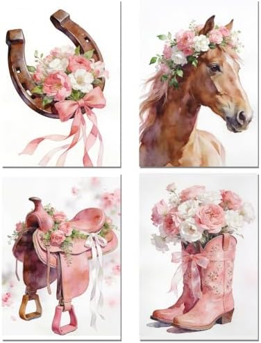 sdfkmlcdl Western Cowgirl Diamond Art Kits for Adults, Aesthetic Coquette Floral Pink Boots Horse Full Drill Diamond Painting Kits for Adults Beginners 4 Pack, 12x16 Inch by Unknown