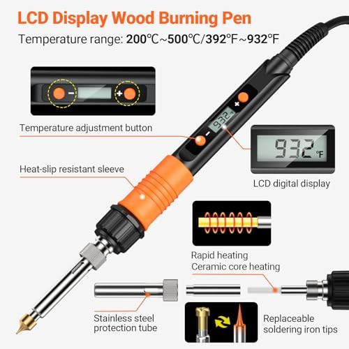 Wood Burning Kit with Digital LCD Display, 100W Fast Heating Pyrography Tool Set, Adjustable 392–932°F Temperature, 29 Tips, Stencils, Colored Pencils & Wood Pieces for Beginners and Professionals - Image 4