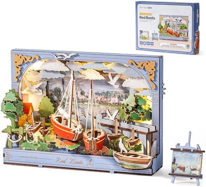 3D Wooden Puzzles for Adults - Monet DIY Model Building Kits Ship Crafts with LED Light - Home Decor, Wall Art & Unique Creative Gifts for Art Lovers (Red Sailboat) by Wowood