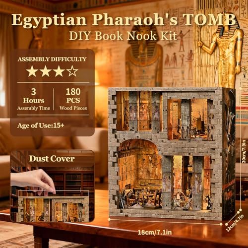 fifijoy Book Nook Kit - DIY Miniature House Dollhouse Kit for Adults and Teens, 3D Wooden Puzzle Booknook Build Bookshelf Decor with LED Light, Gifts for Family and Friends (Egyptian Pharaoh's Tomb) - Image 4