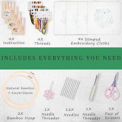 SevFan 4 Sets Embroidery Kit for Beginners Adults,Needlepoint Kits for Adults with Easy Stamped Floral Pattern Fabric Hand Crafts,Bamboo Hoop,Needle,Cloth,Embroidery Kit for Decor Home Room (flower-3) - Image 2