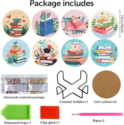 8 Pcs Book Diamond Art Coasters Kit for Adults, Book Lovers Wooden Coffee Diamond Painting Coasters with Holder, 5D Gem Art Dots Painting Coaster with Cork Pads - Crafts Supplies for Home Decor - Image 6