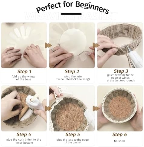 AOUXSEEM 8 Sets Basket Weaving Craft Kit for Beginners,DIY Burlap Style Desk Storage Small Parts Candy Cookies Bowls,8 inches Plastic Base and 109yd Jute Twine and Cork Linings & Lace - Image 3