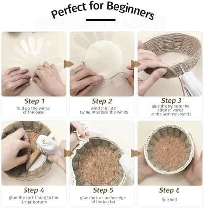 AOUXSEEM 8 Sets Basket Weaving Craft Kit for Beginners,DIY Burlap Style Desk Storage Small Parts Candy Cookies Bowls,8 inches Plastic Base and 109yd Jute Twine and Cork Linings & Lace - Image 3