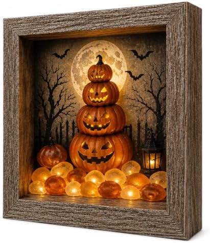 DIY Halloween Shadow Box Night Light Kit, 8.5 Inch Wooden Frame LED Craft Set with Luminous Stones & Acrylic Panels, Create Your Own Spooky Ghost & Pumpkin Scene, Fall Autumn Tabletop Home Decor by Unknown