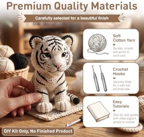 FACE N FACE DIY Crochet White Tiger Kit for Beginners – Amigurumi Tiger Cub Stuffed Animal Knitting Kit with Yarn, Hook & Step-by-Step Instructions – Easy Beginner Crochet Animal Craft for Adults - Image 4