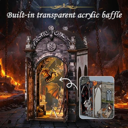 DIY Book Nook Kit, 3D Wooden Puzzle for Adults, Miniature House Kit with Touch LED Light, Gothic Bookshelf Insert Decor, Creative Hobby Gift for Fantasy Lovers (Dragons Treasure Labyrinth) - Image 4