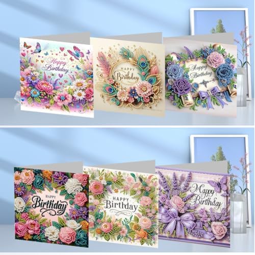 jinglinhh 6pcs Happy Birthday Rose Flowers Purple Bow Diamond Art Painting Greeting Cards with Envelopes, DIY Card Making Kits for Adults, Diamond Art Postcards Christmas Cards Craft Gifts - Image 4