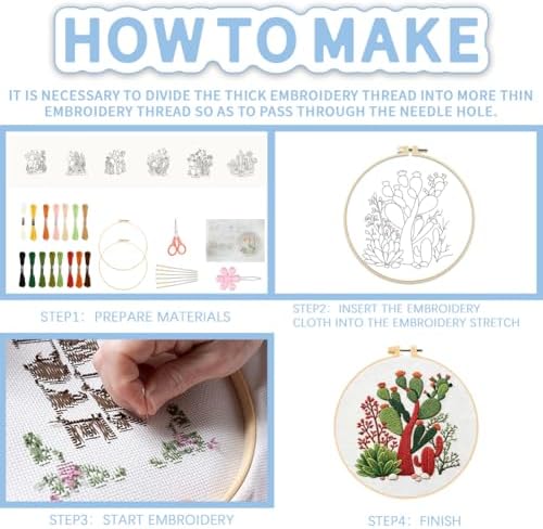 FREEBLOSS 6 Sets Embroidery Kit for Beginners Needlepoint Embroidery Starter Kit with Cactus Stamped Patterns, Instructions, Colored Threads, 2 Hoops 11.6"/29.5cm - Image 4