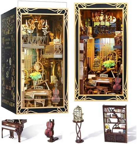 MiniCity Pianist and Nightingale Book Nook Kit, DIY Wooden Puzzle with LED by MiniCity