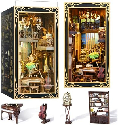 MiniCity Pianist and Nightingale Book Nook Kit, DIY Wooden Puzzle with LED by MiniCity