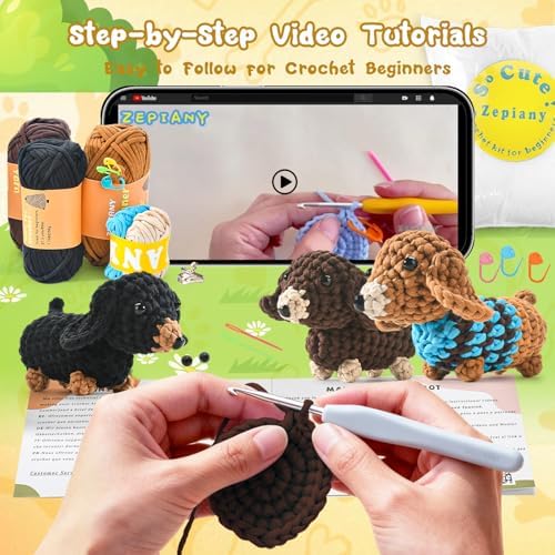 Zummipals Crochet Kit for Beginners, Easy Crochet Kit for Adults w Step-by-Step Vid Tutorials, Beginner Knitting Kit, Makes Crochet Animals Dachshund Crochet Kits, Ideal Crochet Gifts (30% EX Yarn) - Image 2