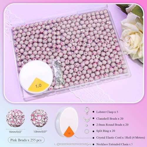 Dowarm 255PCS 10mm Rhinestone Beads, Pink Rhinestone Clay Beads for Baseball Necklace Bracelet Jewelry Making Crafts Beaded Pen, Round Polymer Clay Shamballa Pave Disco Diamond Bead - Image 2