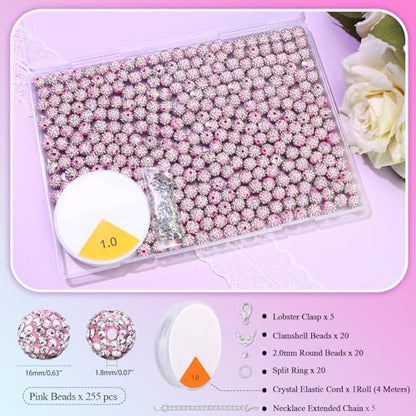 Dowarm 255PCS 10mm Rhinestone Beads, Pink Rhinestone Clay Beads for Baseball Necklace Bracelet Jewelry Making Crafts Beaded Pen, Round Polymer Clay Shamballa Pave Disco Diamond Bead - Image 2