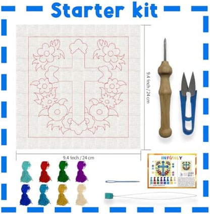 INFUNLY Cross Flowers Punch Needle Kits for Beginner Adult Floral DIY Punch Needle Embroidery Starter Kit for Wall Hanging Blue Cross Needlepoint Kit with Instruction for DIY Crafts Gift Home Decor - Image 2
