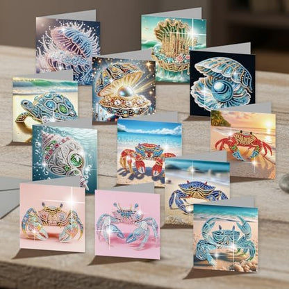 jinglinhh 12pcs Diamond Art Painting Beach Crab Seashell Conch Seaturtle Greeting Cards with Envelopes, DIY Card Making Kits for Adults, Diamond Art Postcards Christmas Cards Craft Gifts - Image 5