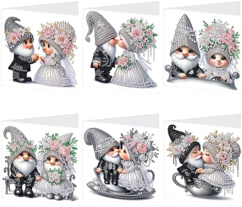 AiYuanzsh Set of 6 Gnome Diamond Painting Greeting Cards – 5D DIY Craft Kits for Handmade Bride and Groom Cards, Perfect for Wedding Gifts and Anniversaries by AiYuanzsh