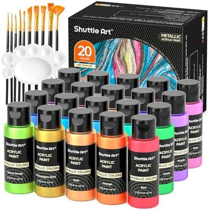 Shuttle Art Metallic Acrylic Paint Set, 20 Colors Metallic Paint in Bottles (60ml, 2oz) with 10 Brushes and 1 Palette, Rich Pigments, Non-Toxic for Artists, Beginners on Rocks Crafts CanvasWood Fabric by ShuttleArt