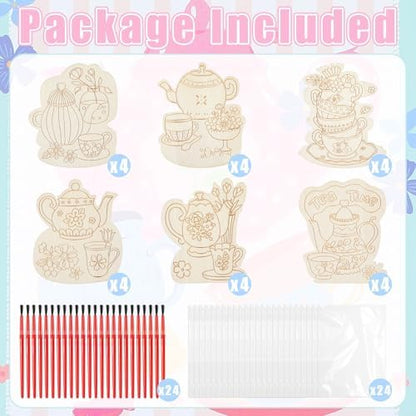 Chunful 24 Set Tea Time Party Favors Wooden Tea Painting Crafts Kits - Image 3