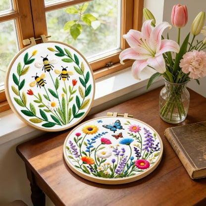 ERKOON 2 Set Embroidery Kit for Adult Beginners Flower Bee Cross Stitch Set - Image 2
