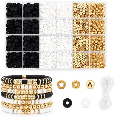 Believo Polymer Clay Beads Kit for DIY Jewelry with Elastic Cord, Colorful Flat Heishi Beads and Spacer Pieces – Ideal for Friendship Bracelet & Necklace Making (Black & White) by Unknown