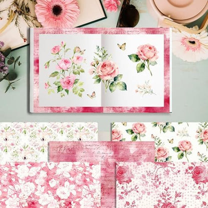 24 Sheets Pink Flower Scrapbook Paper 12'' x 12'' Vintage Floral Rose Pattern Paper Pad Floral Double-Sided Scrapbook Pad Retro Scrapbooking Pack for Card Making, Origami, DIY Background, Photo Album - Image 6
