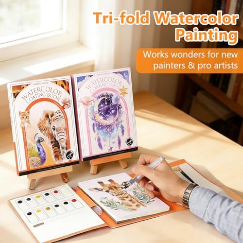 2-Pack Watercolor Painting Books for Adults & Beginners - All-in-One Creative Stress Relief Art Kit with 3-Fold Pad, 32 Pre-Printed Pages, 24 Colors & 2 Brushes (Animal + Starry Fairyland) - Image 2