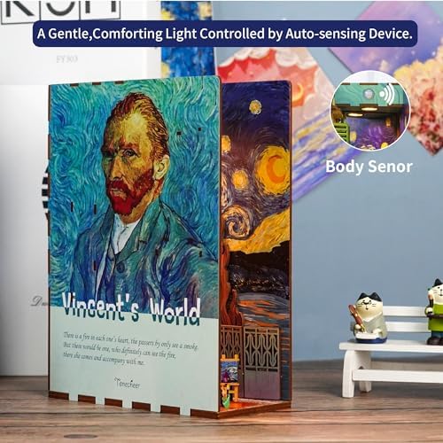 Tonecheer DIY Book Nook Kit for Adults,3D Wooden Puzzle Bookend Bookshelf Insert Library Decor, Booknook Miniature House Kit with Body Motion Sensor LED Light (Vincent's World) - Image 4