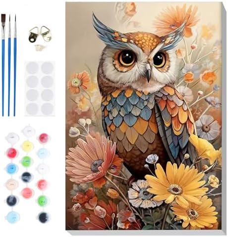 Bowetile Paint by Numbers Owl Kit for Adults, Framed Painting by Numbers Animal, Adults' Paint-by-Number Kits on Canvas, Acrylic Flower Number Painting Gifts for Home Wall Decor, 8x12in by BOWETILE