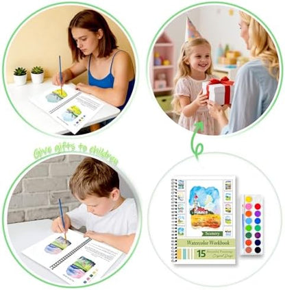 Watercolor Workbooks for Adults Beginners & Teens, 16 Colors 15 Beautiful Paintings, Pre-Outlined Designs, Easy Watercolor Art Book（Scenery） - Image 6