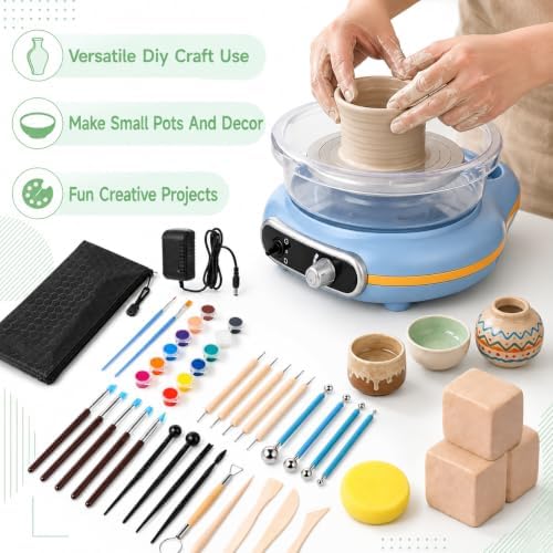 Mini Pottery Wheel Kit Electric Turntable Clay Machine with Handle, Adjustable Speed and Forward Reverse Rotation, 24 Shaping Tools 12 Color Paint Set 3 Clay Blocks for DIY Craft Projects - Image 5